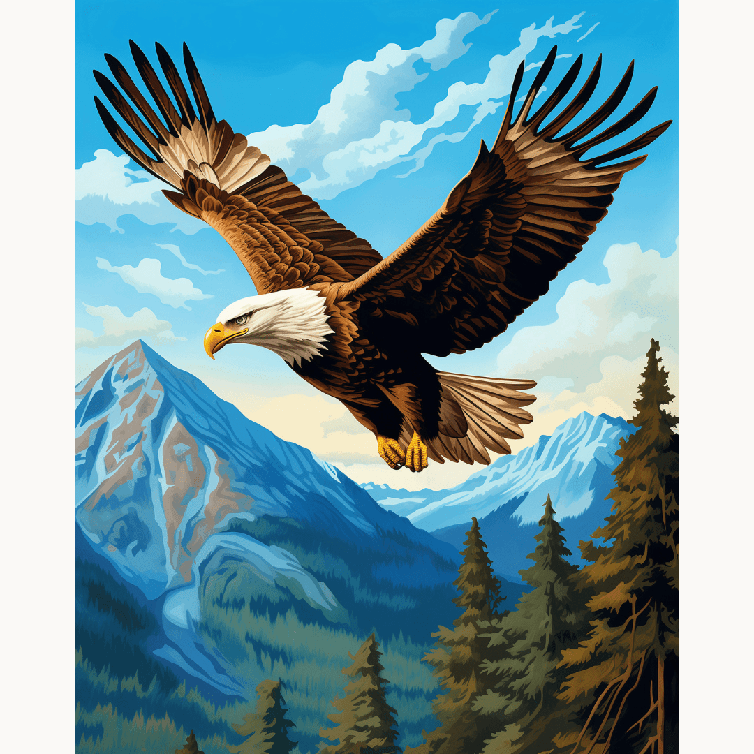 A poster captures a majestic eagle soaring high over a mountain range.