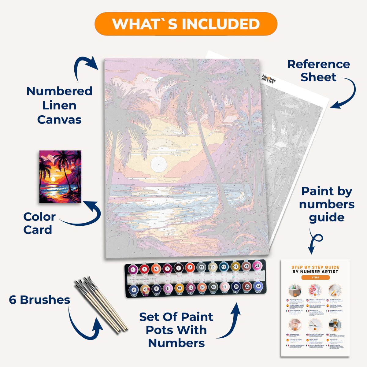 An illustration showcases a vibrant tropical scene at sunset.
