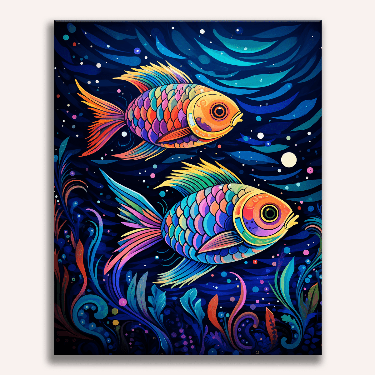 A digital illustration of two vibrant koi fish swimming against a backdrop of a dark, star-filled night sky, surrounded by swirling, colorful aquatic plants and coral, conveying a sense of serenity and underwater wonder..
