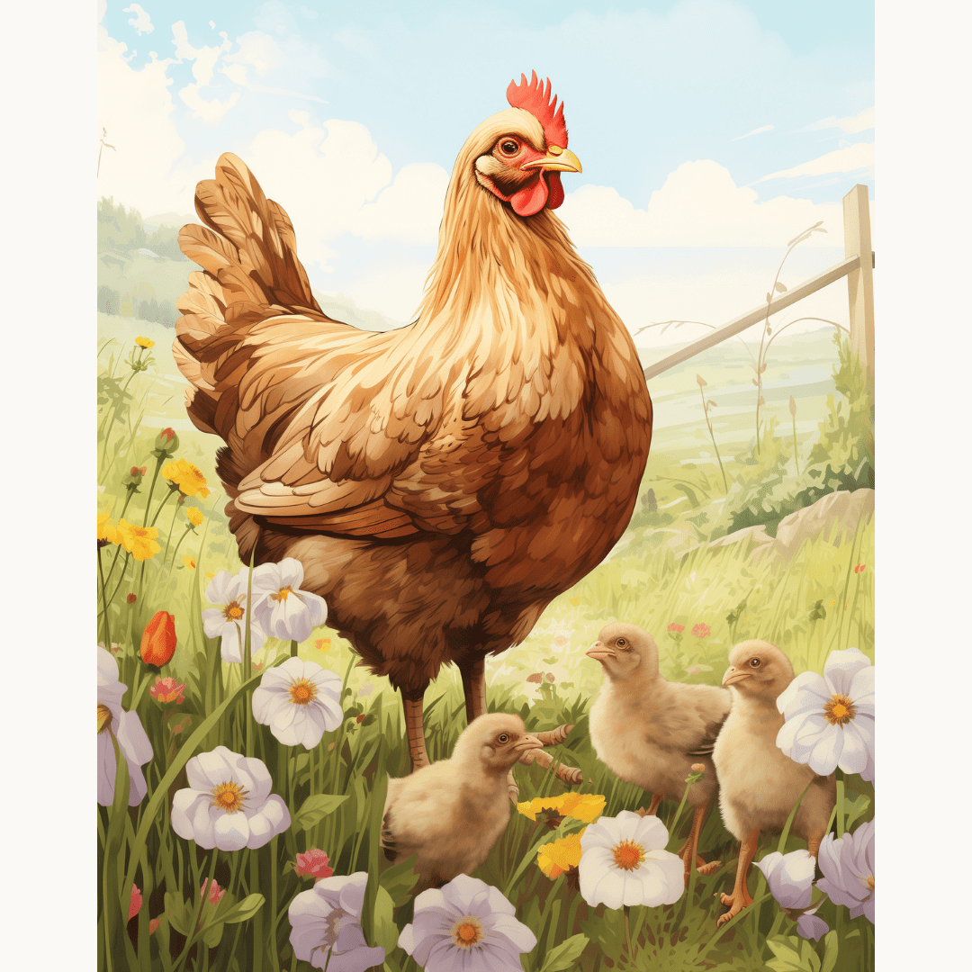 A vibrant illustration depicts a large, golden-brown rooster standing amidst an assortment of fluffy chicks in a field filled with flowers and grass..