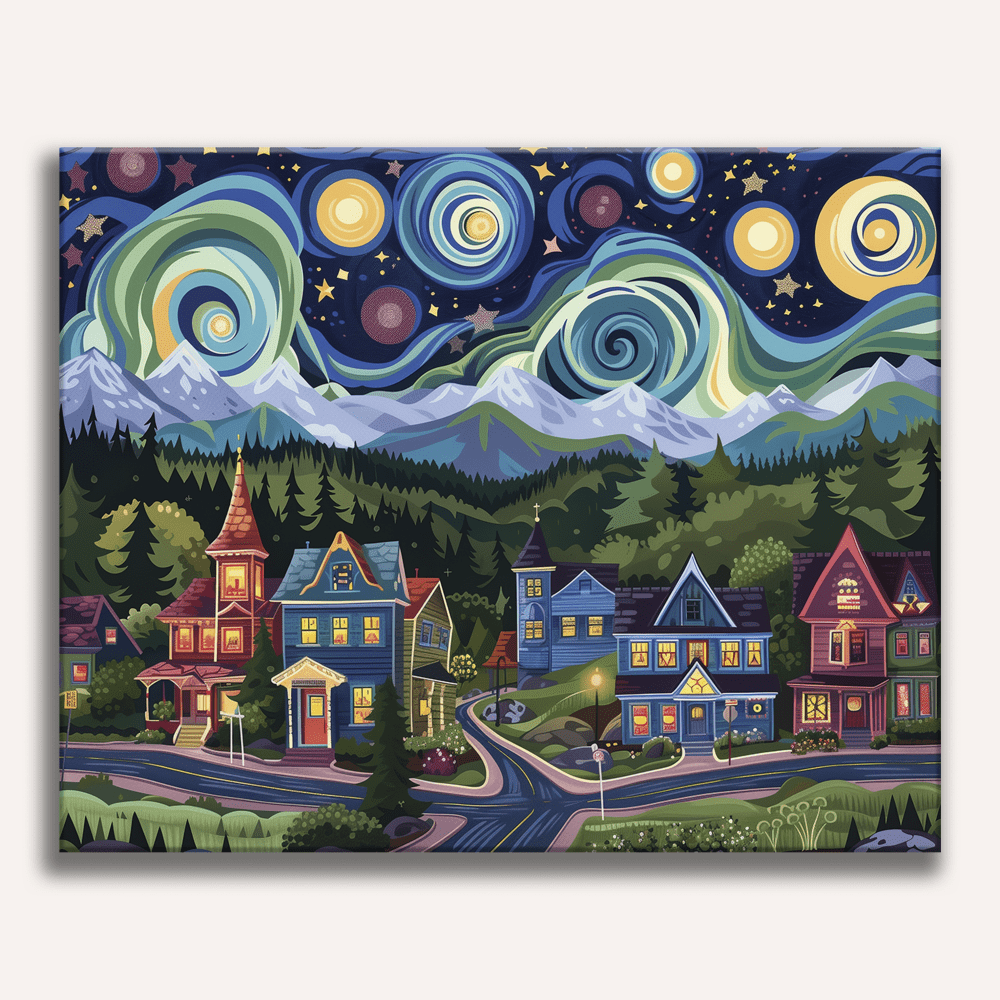 In the center of the image, a small town with colorful houses sits under a star-filled sky, evoking a sense of serene tranquility..
