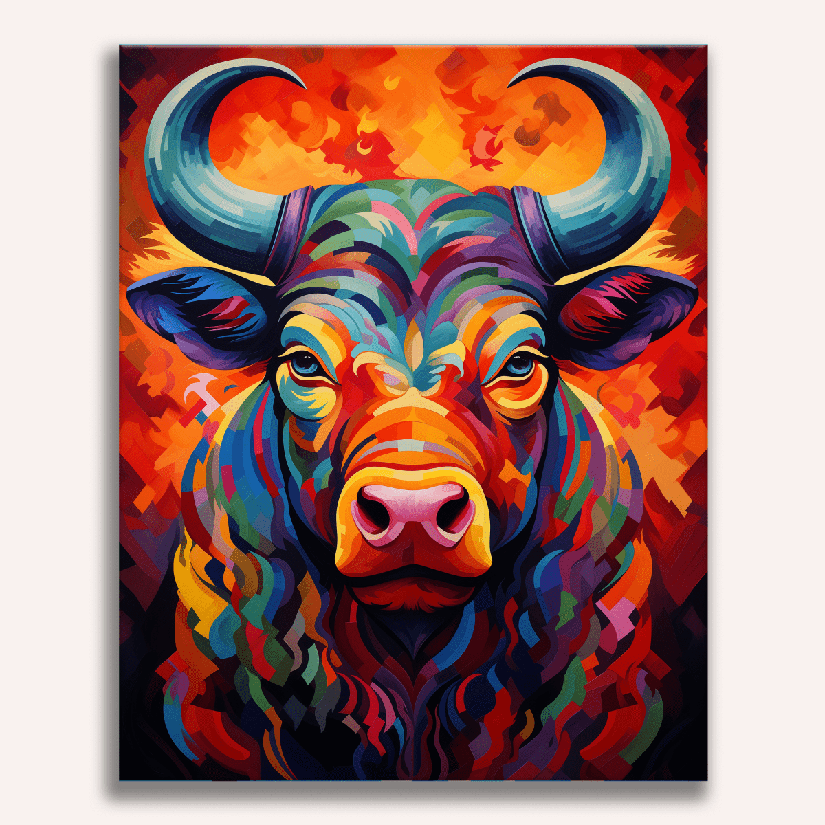 This is a vibrant, colorful poster featuring an illustration of a large, bull-like creature with prominent horns.