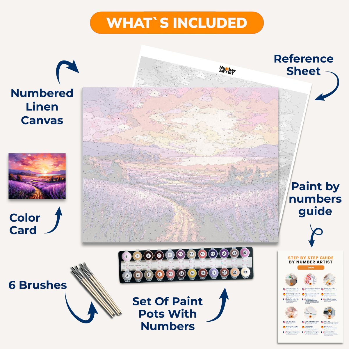 A digital artwork showcases a vibrant sunset over a lavender field.