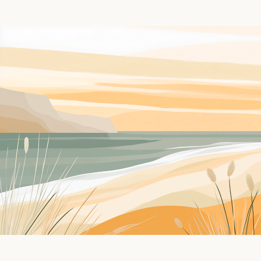 A tranquil beach scene during sunset or sunrise, as indicated by warm colors blending from orange at the horizon to a soft pastel near the sand..