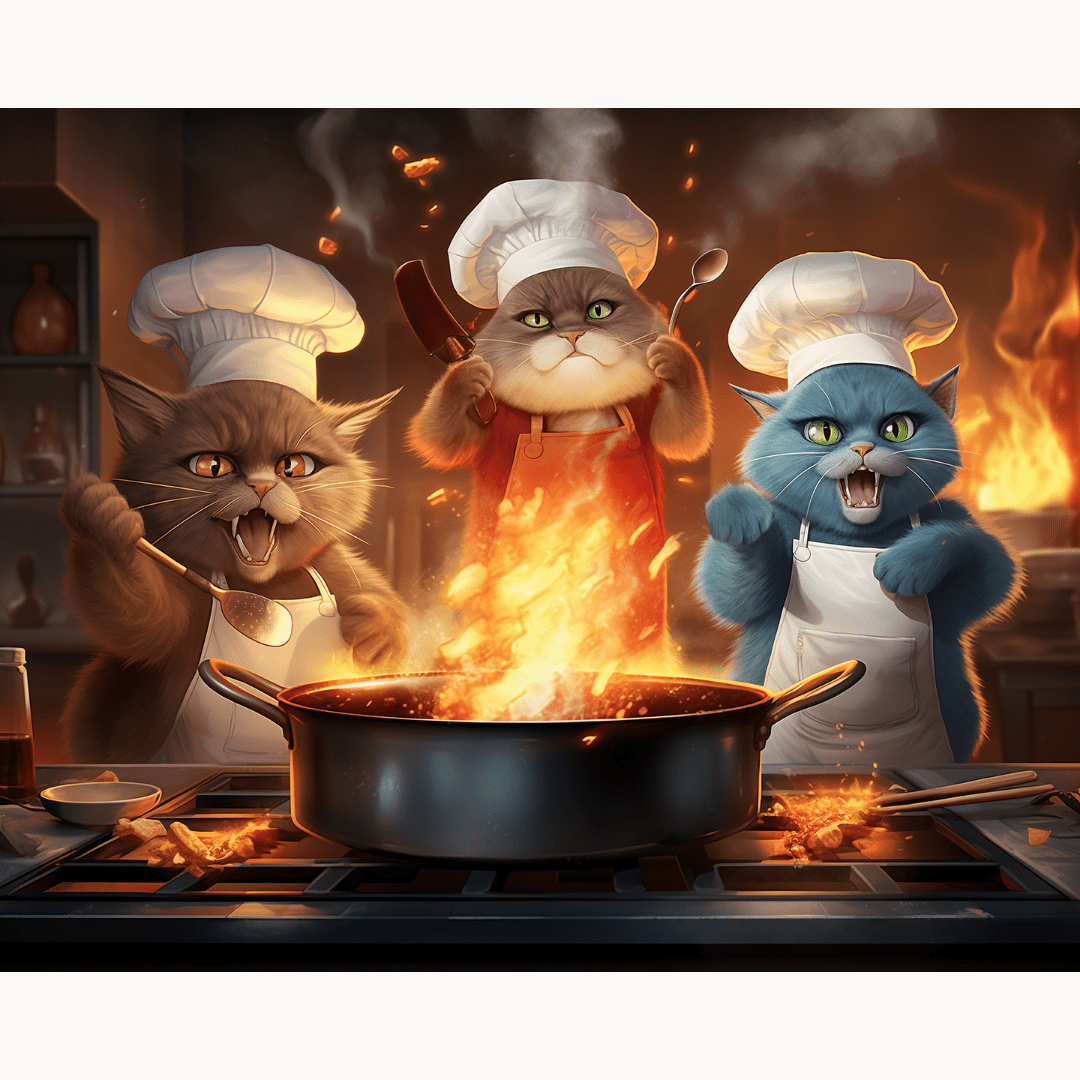 In this illustration, three anthropomorphic cats are depicted as chefs in a kitchen, preparing food over an open flame.
