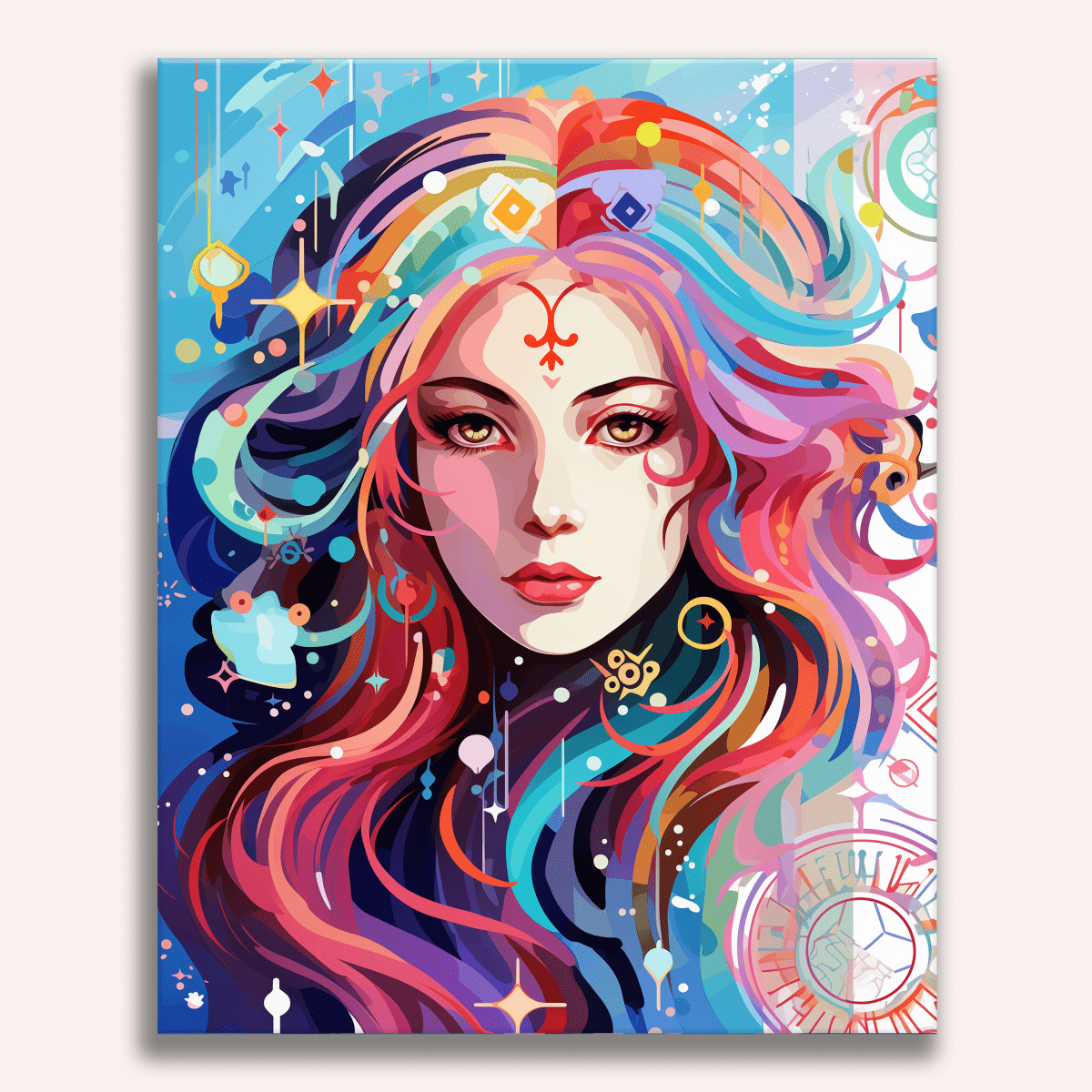 A vibrant digital art print featuring a female figure with long hair and striking makeup.