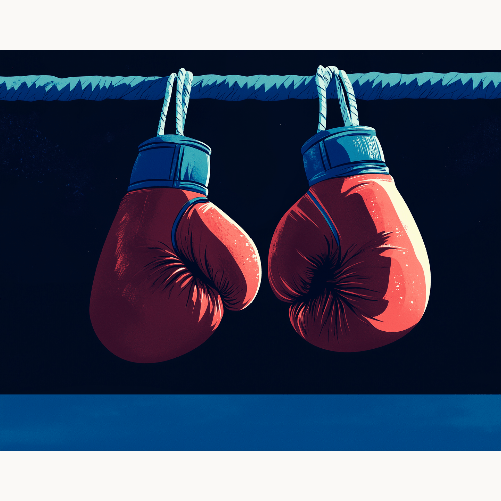 Two hanging boxing gloves with a rope background, suggesting a ring or fighting context..
