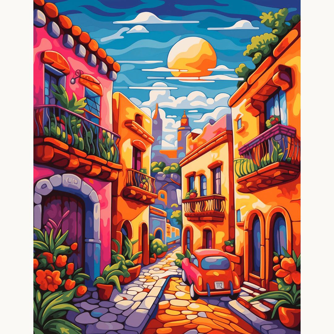 A vibrant illustration depicts a sunny day in a colorful, cartoonish Mediterranean village.