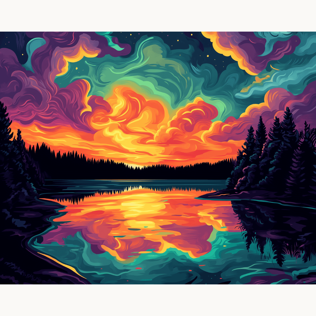 A vibrant digital painting depicts a serene night scene by a lake, illuminated by a vivid sky transitioning from warm hues at the horizon to cool blues above..