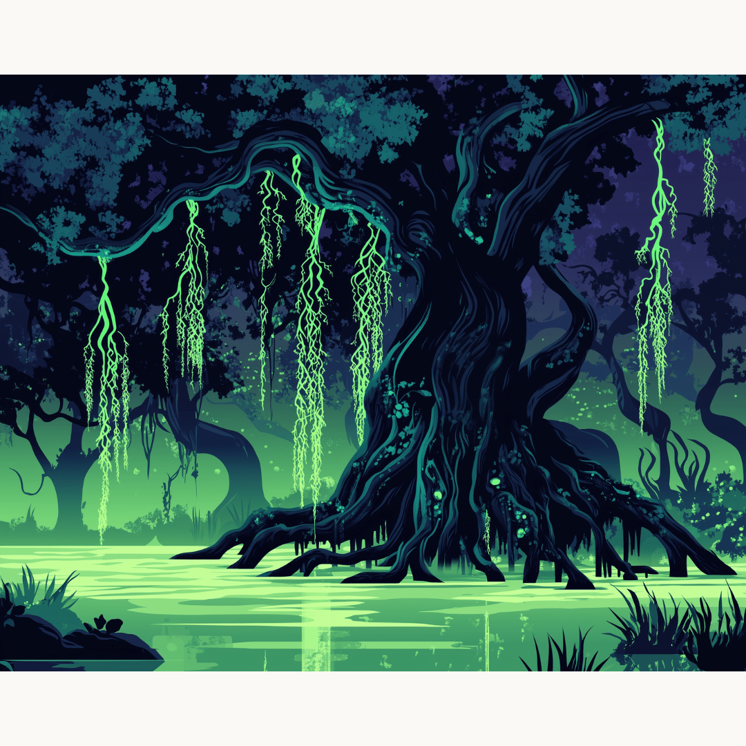 In the image, there's a large tree standing next to a tranquil river.