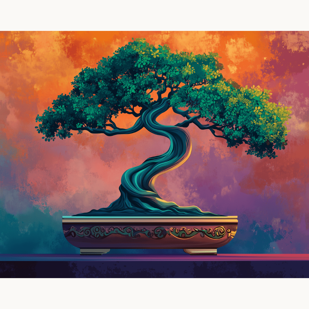 A digital artwork illustrating a stylized bonsai tree planted in a rectangular vase on a pedestal.