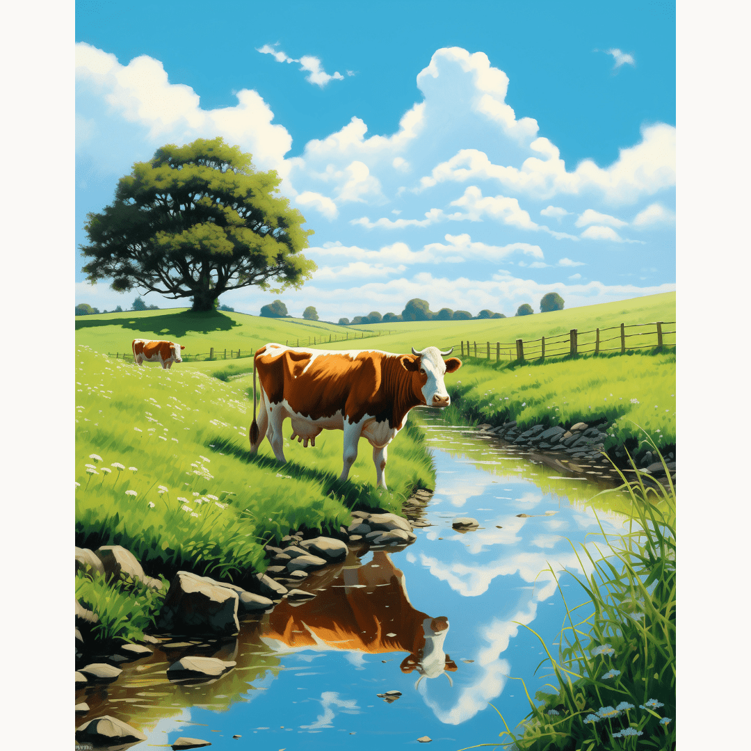 In the tranquil expanse of a verdant pasture, under the vastness of a clear blue sky dotted with fluffy white clouds, a brown and white cow stands by a stream..
