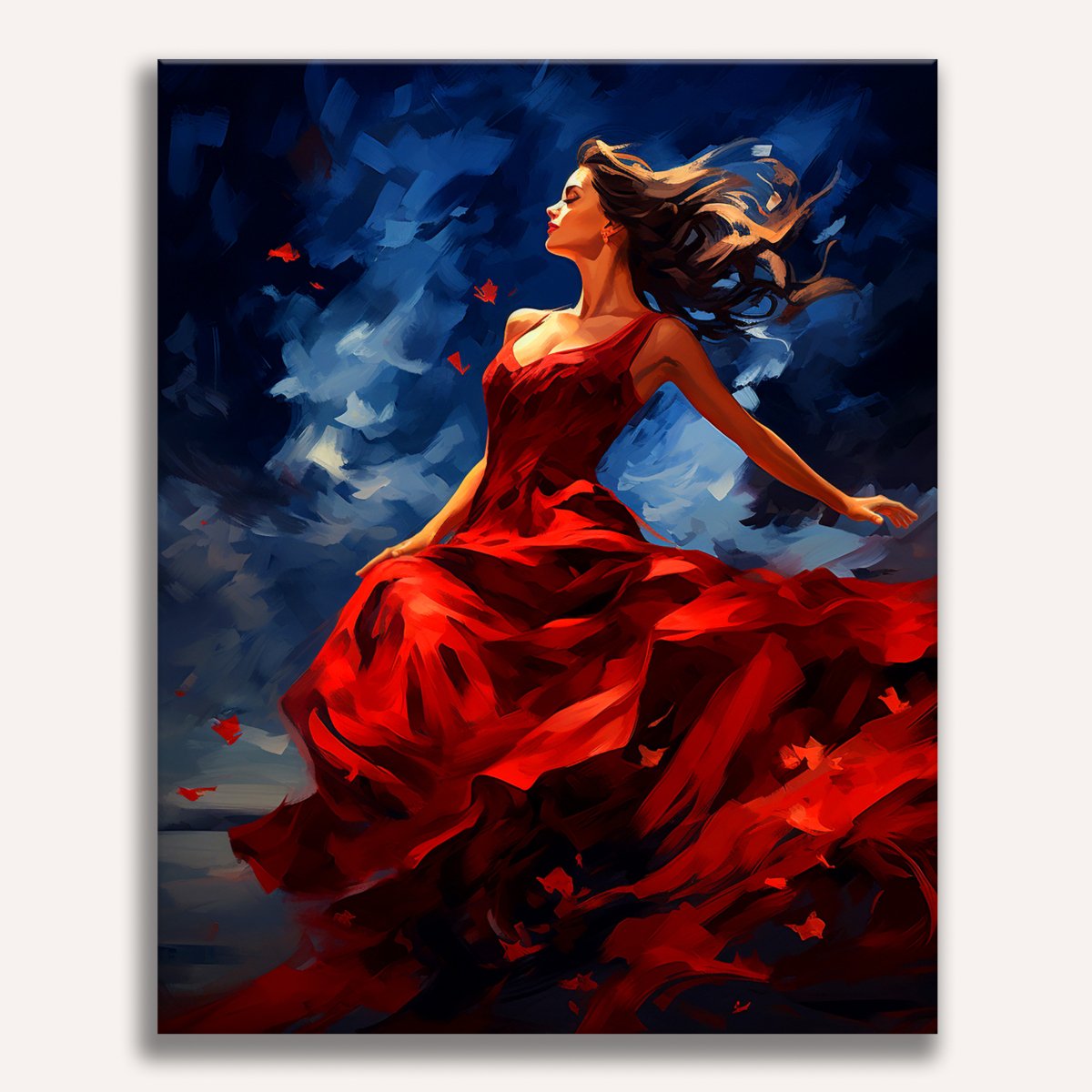 The image depicts a woman dressed in a red gown, standing on a surface that appears to be reflecting her.