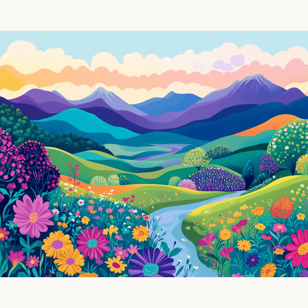 A vibrant landscape painting featuring a rolling green hillside under a clear blue sky adorned with fluffy white clouds.