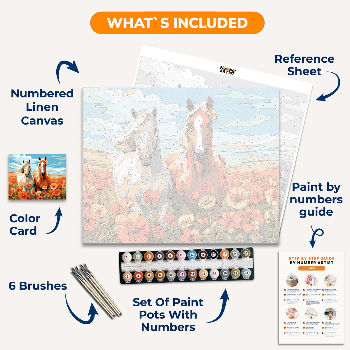 Two horses stand amidst a field of vibrant poppies.