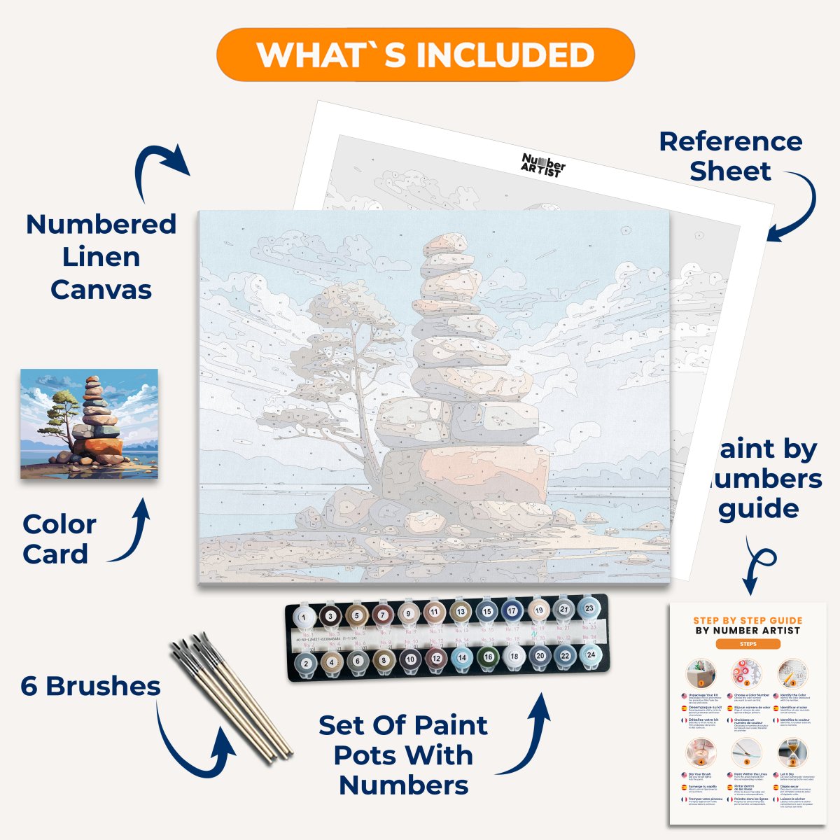 A digital illustration features a small island with rocks stacked precariously on one side.