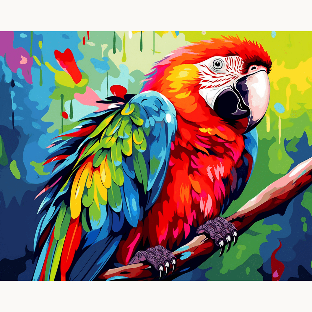 A vibrant parrot with a rainbow-colored crest and wings stands perched on a branch amidst a colorful jungle background..
