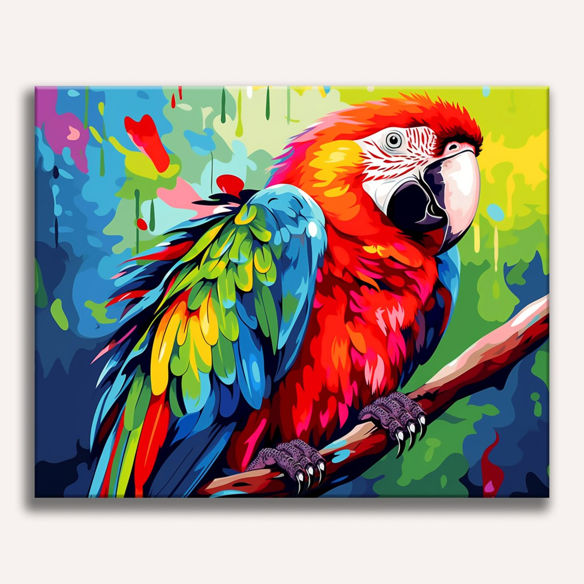 A vibrant parrot with a rainbow-colored crest and wings stands perched on a branch amidst a colorful jungle background..