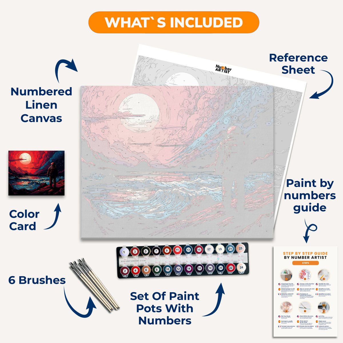 An astronaut stands on a rocky shore at sunset, overlooking an expanse of ocean.