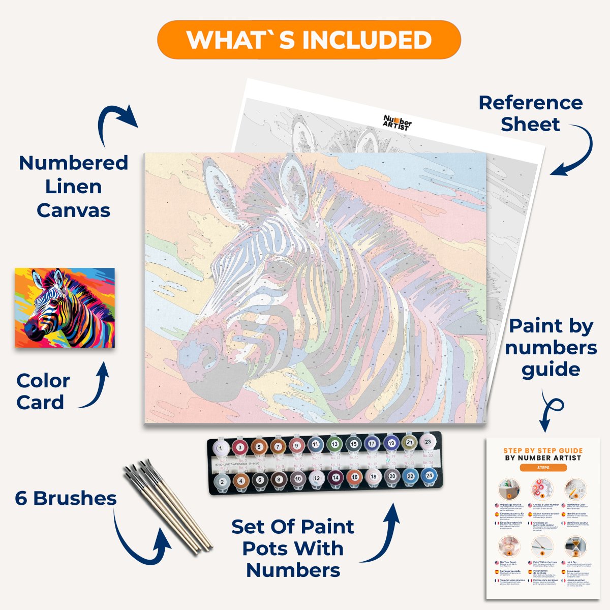 The image features a vividly colored zebra standing against a gradient backdrop.