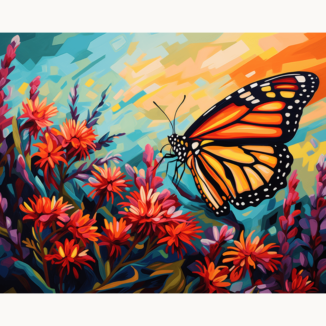 In the image, a monarch butterfly is captured in flight, its wings spread wide against a backdrop of red flowers.