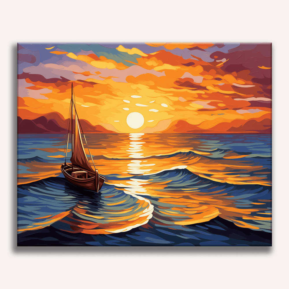 The image depicts a serene sunset scene over a body of water.