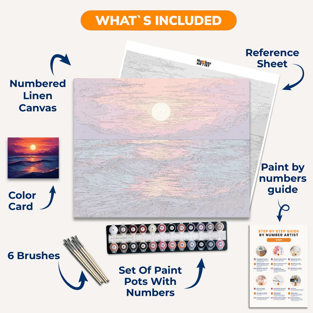 The image depicts a tranquil ocean scene at either sunrise or sunset.