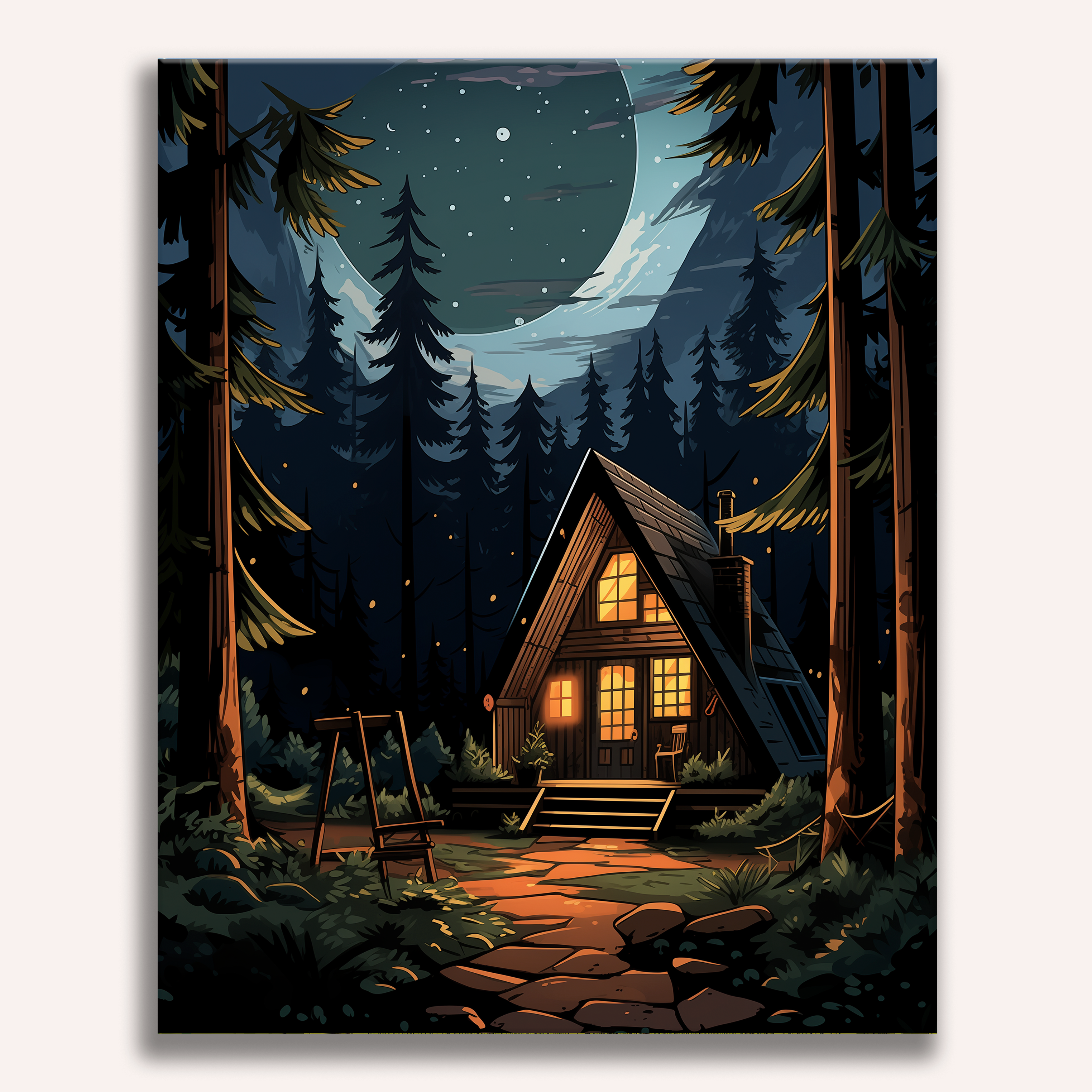 A stylized illustration depicts a cozy woodland cabin at night.