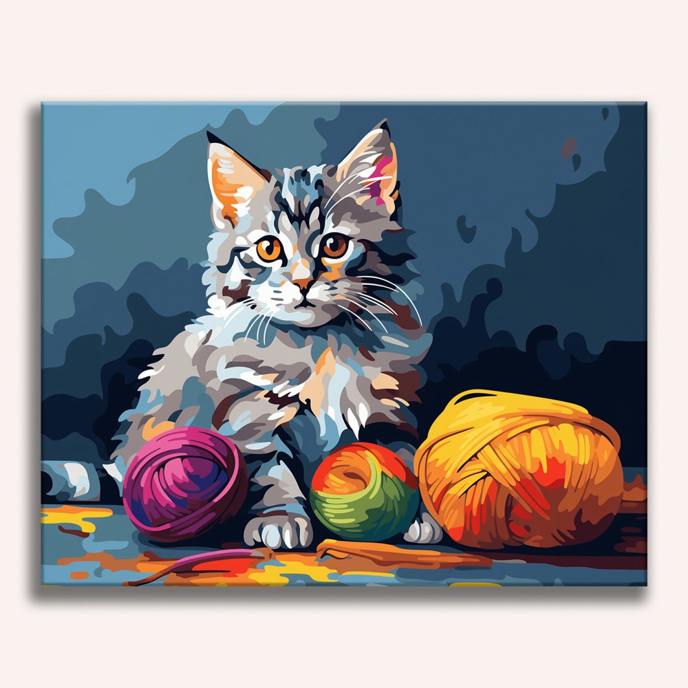 The image portrays a stylized cat sitting among colorful yarn balls.