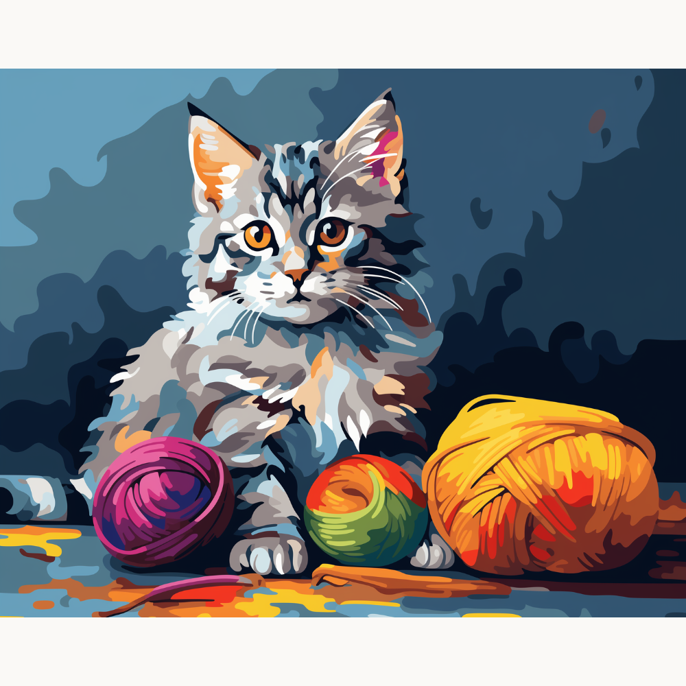 The image portrays a stylized cat sitting among colorful yarn balls.