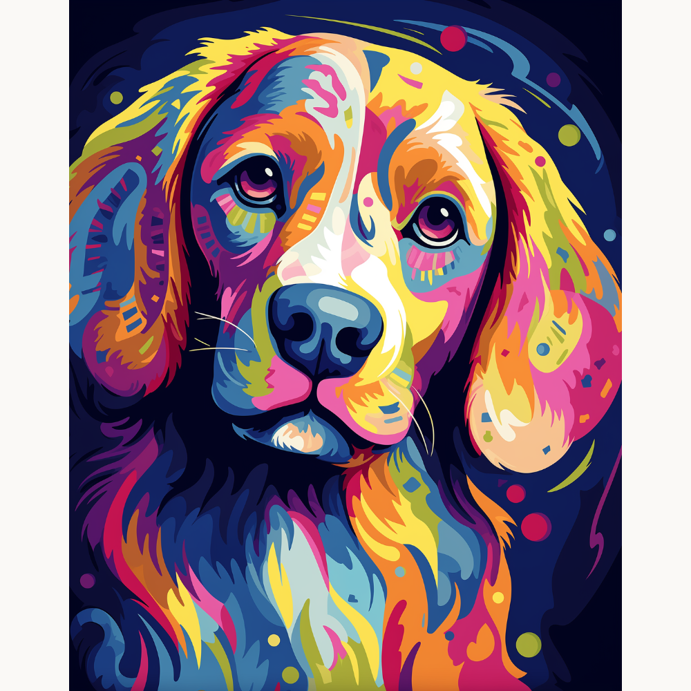 The image depicts a dog with a vibrant and multicolored coat, standing alert against a dark background speckled with small star-like patterns..