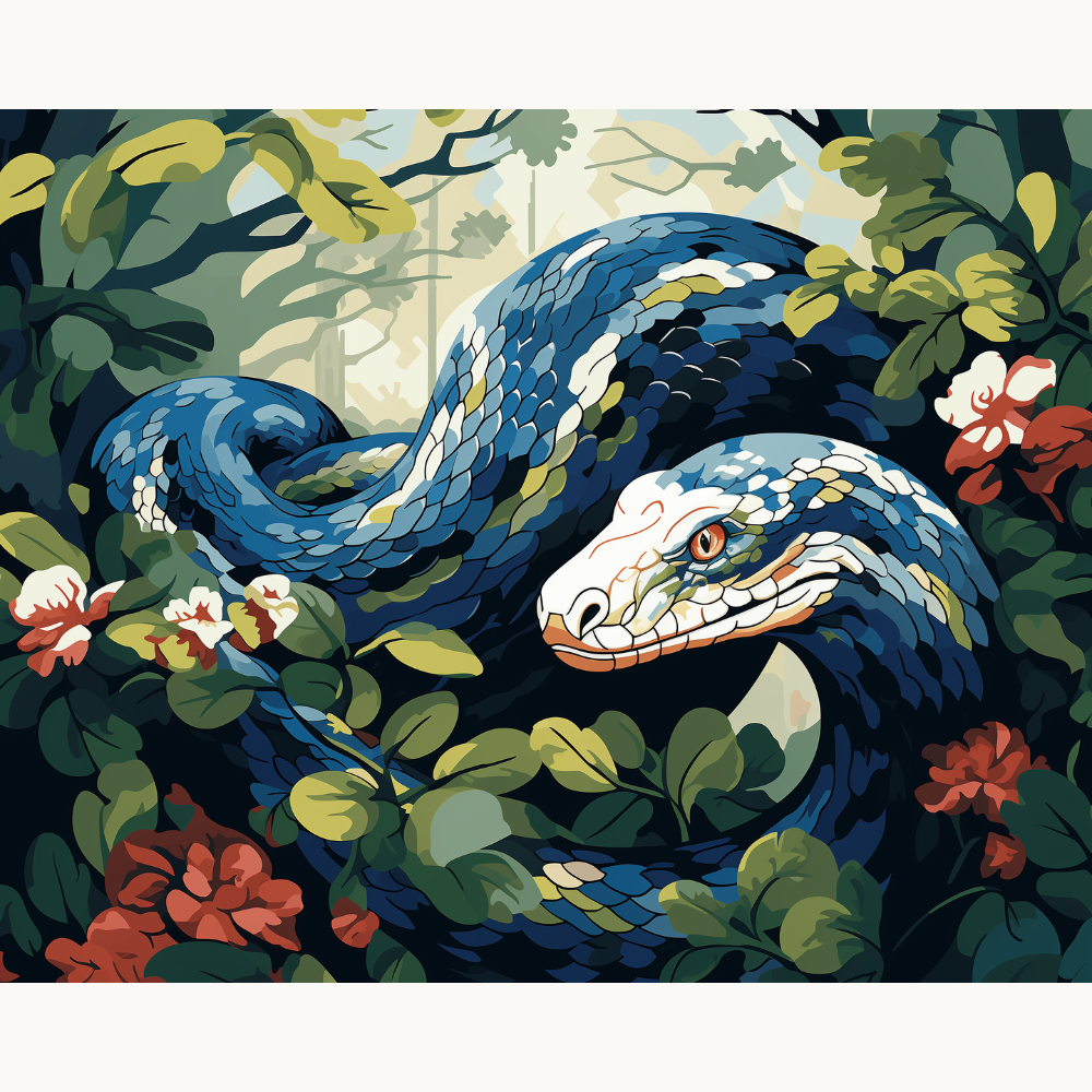 The image portrays a majestic serpentine creature, its scales glistening under an unseen light source, coiled within a verdant environment adorned with lush foliage and vibrant flowers..