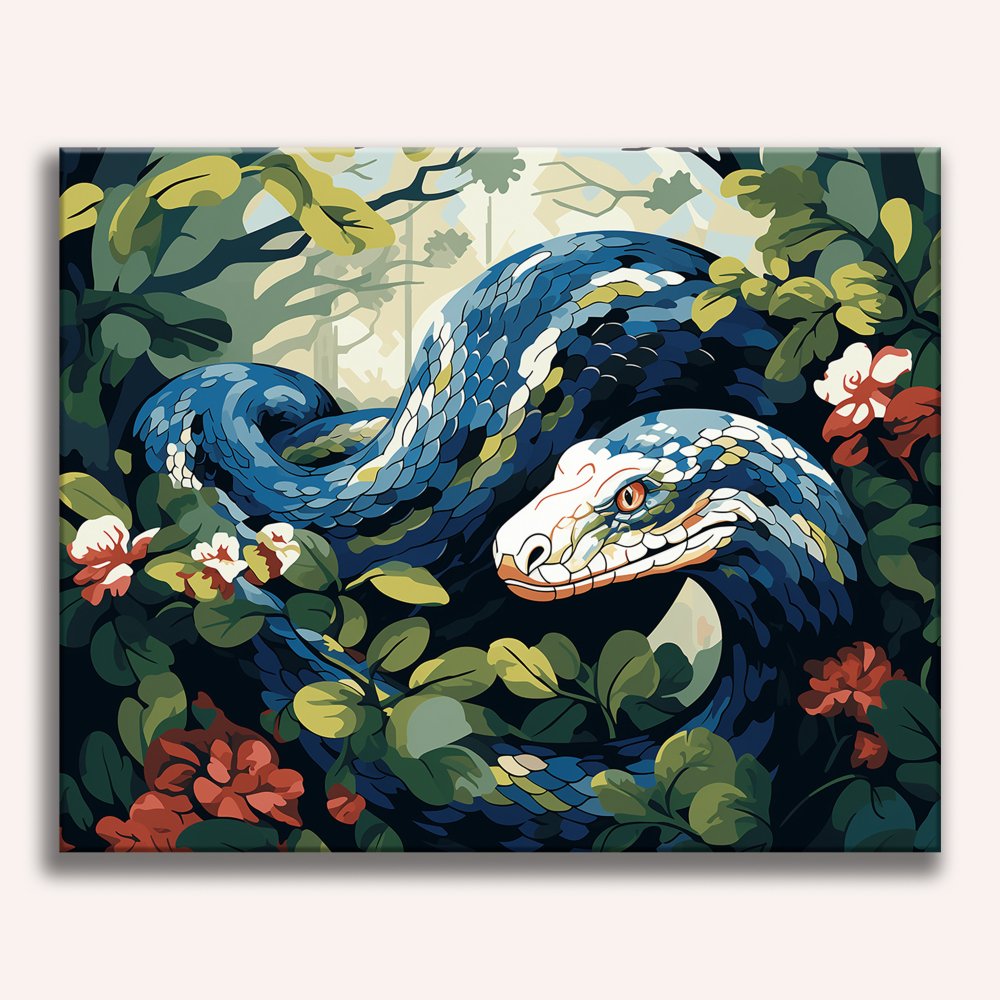 The image portrays a majestic serpentine creature, its scales glistening under an unseen light source, coiled within a verdant environment adorned with lush foliage and vibrant flowers..