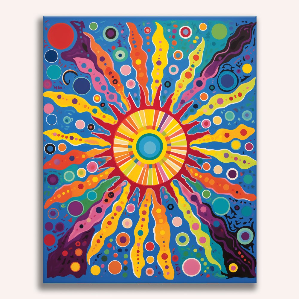 A colorful canvas print featuring an abstract sun design with vibrant hues and a circular center.