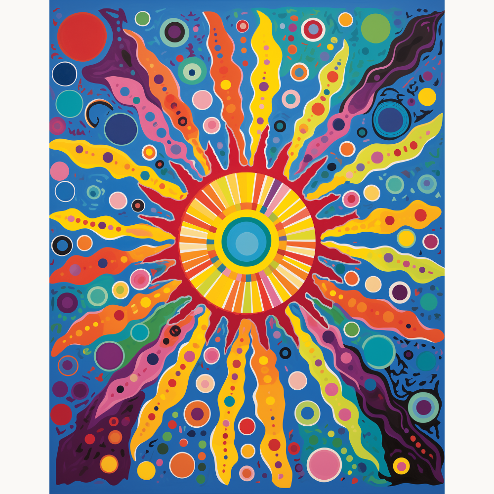 A colorful canvas print featuring an abstract sun design with vibrant hues and a circular center.