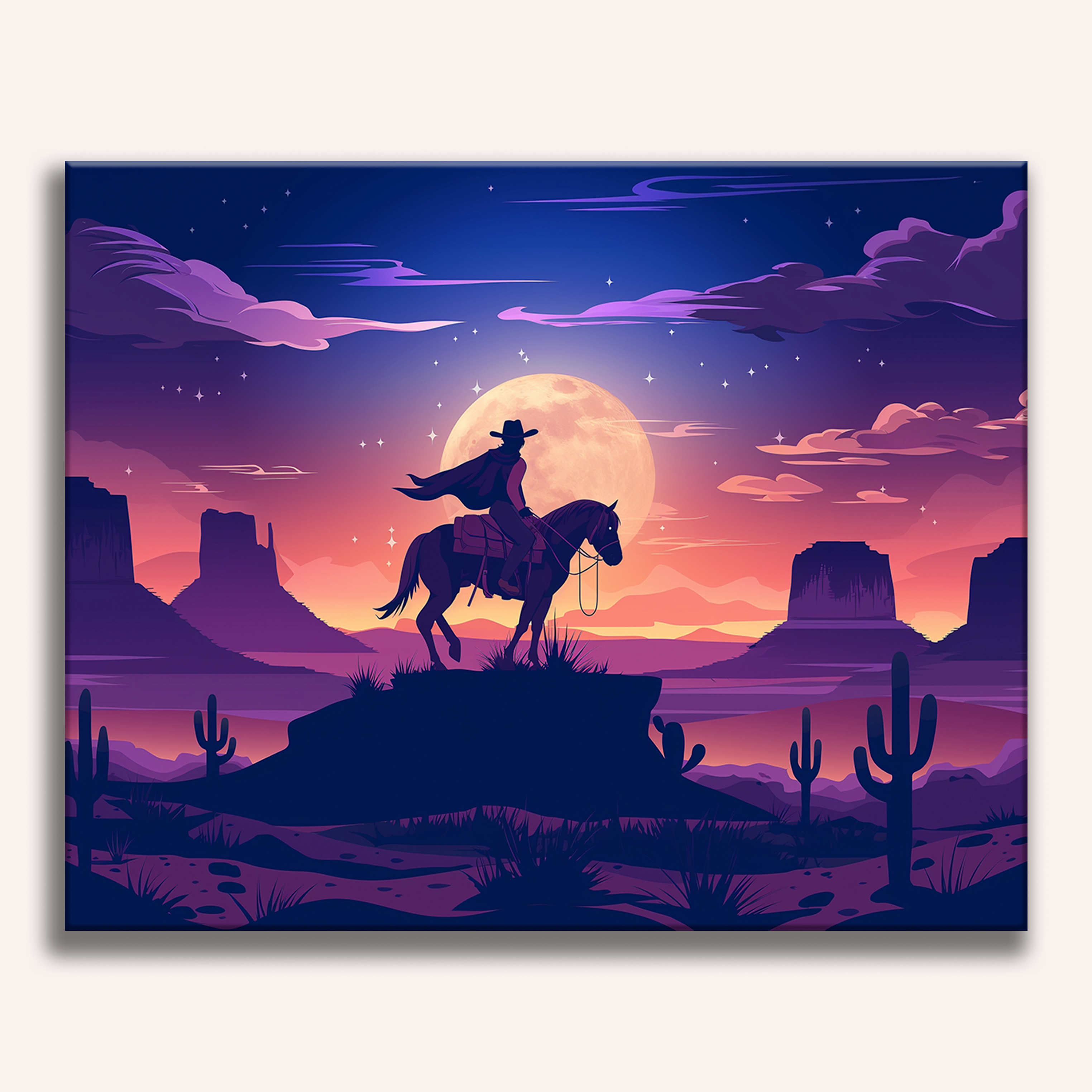 An illustration depicts a lone cowboy astride his horse at sunset within the vast expanse of the American Southwest, characterized by arid landscapes and iconic rock formations under a vibrant sky with a full moon, set against a clear horizon..