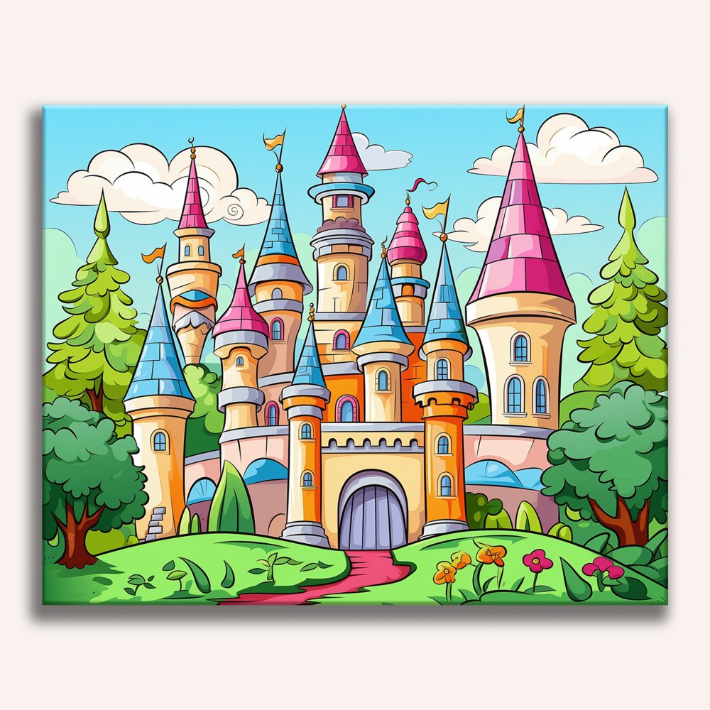 This image features a whimsical castle situated on a patch of grass.