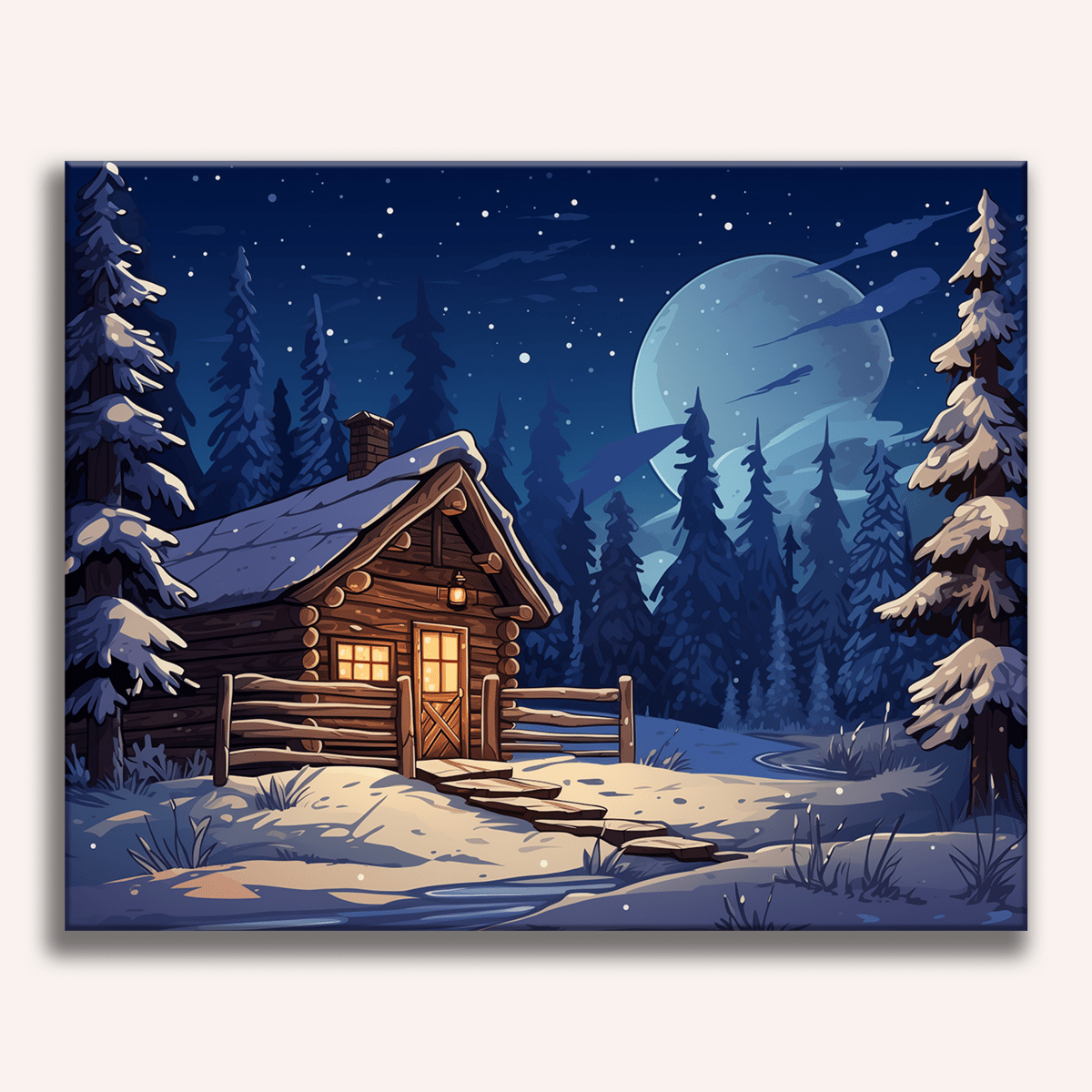 The image portrays a serene snowy scene at night.