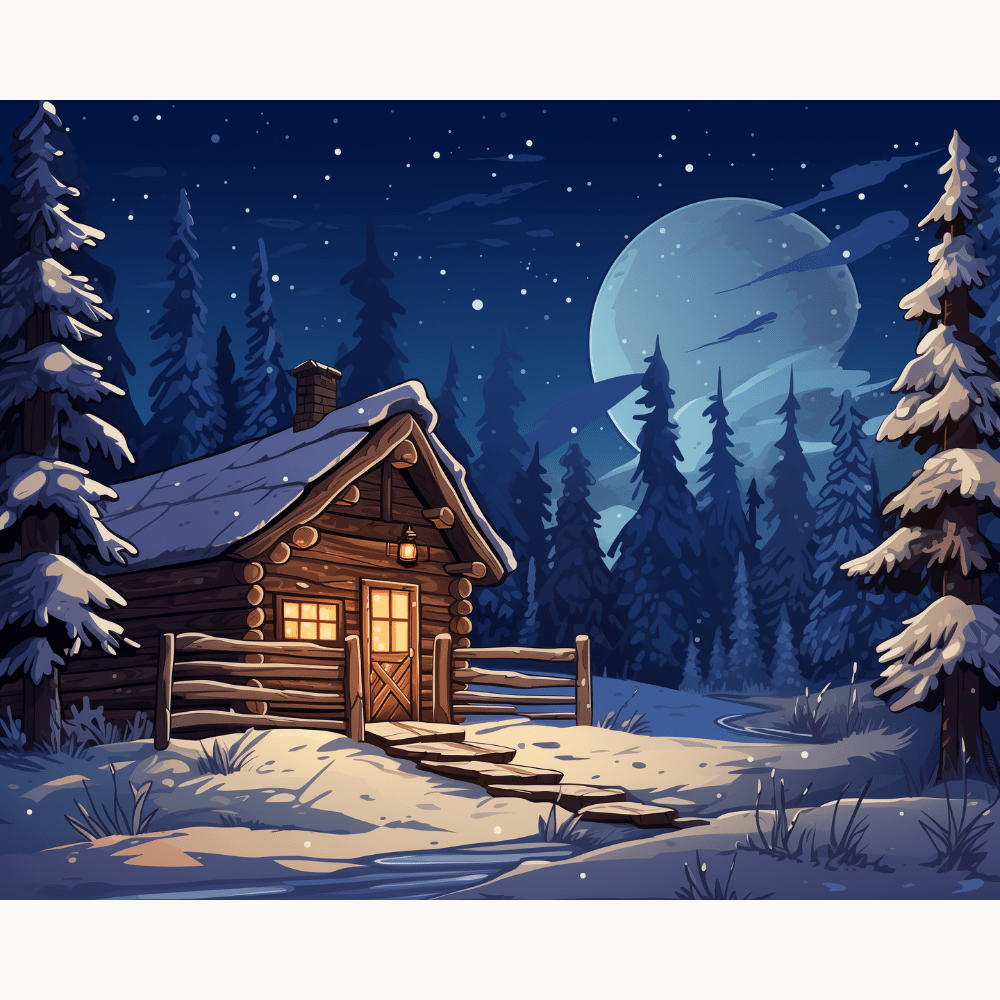 The image portrays a serene snowy scene at night.