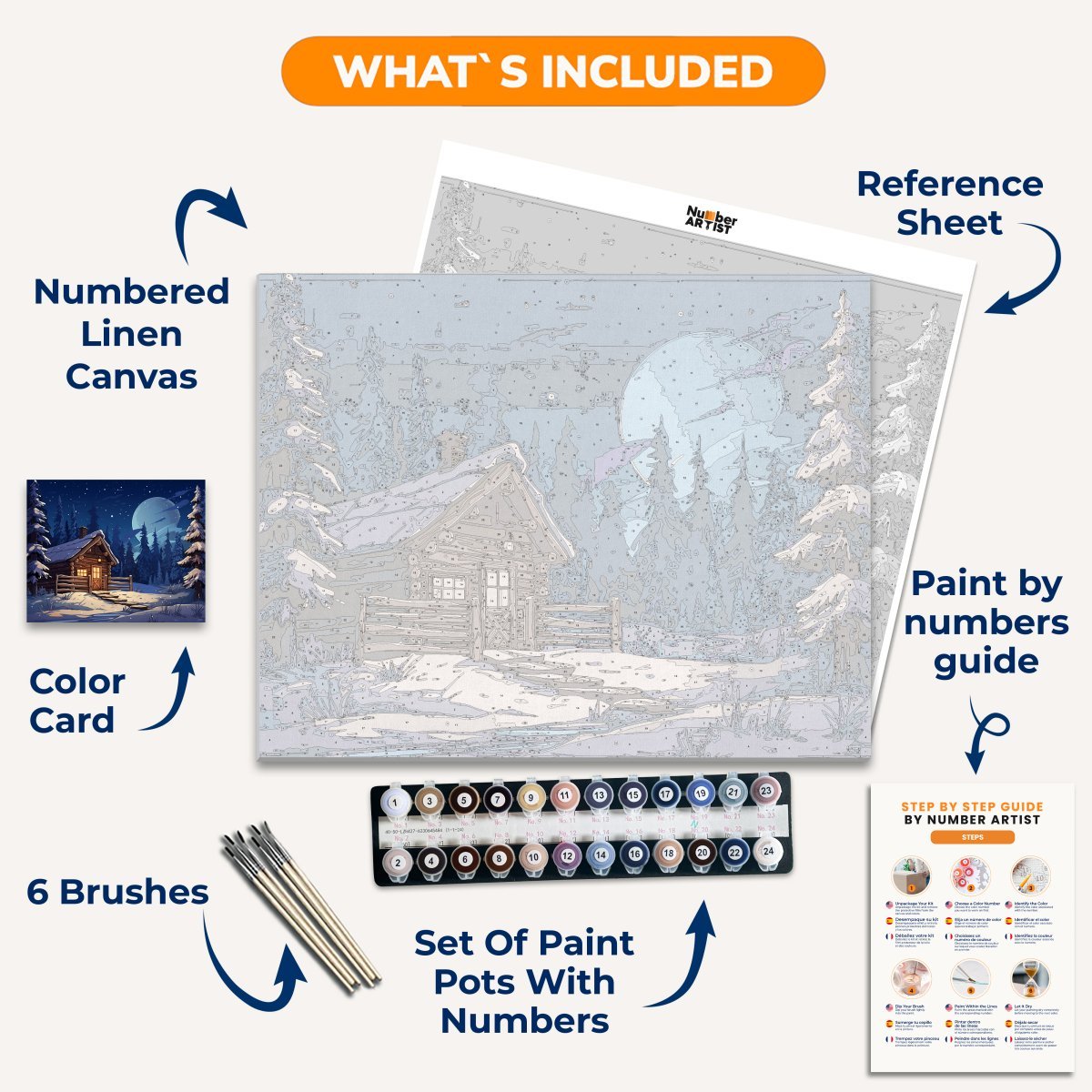 The image portrays a serene snowy scene at night.