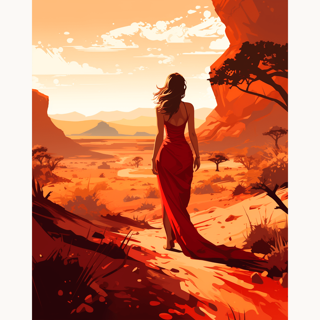 In the image, a woman in a red dress strides confidently across a vast desert landscape.