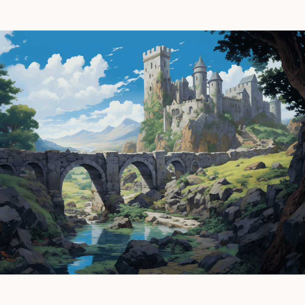 A medieval castle stands majestically atop a cliff, overlooking a stone bridge spanning a river.