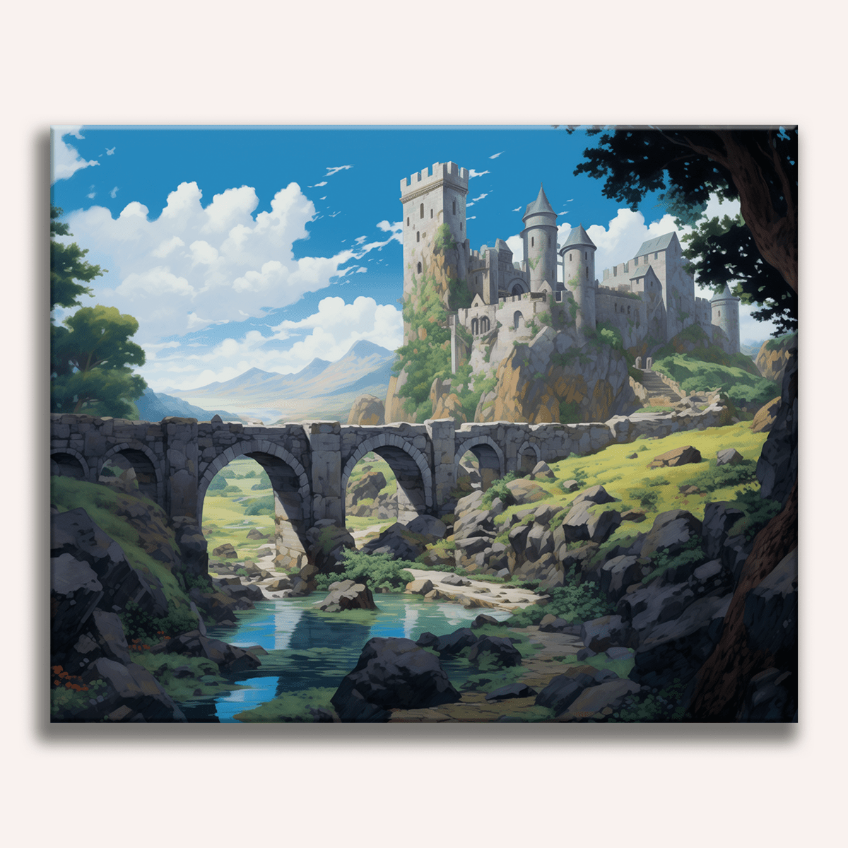 A medieval castle stands majestically atop a cliff, overlooking a stone bridge spanning a river.