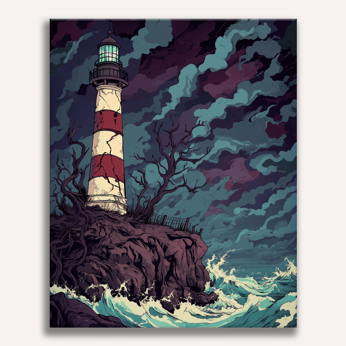 In the given image, a solitary lighthouse stands prominently on a rocky outcropping amidst a tempestuous sea.