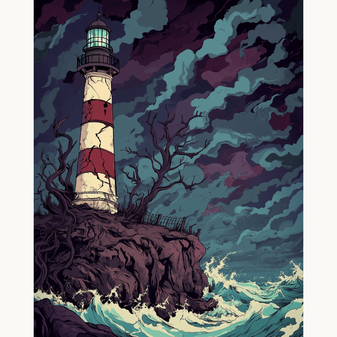 In the given image, a solitary lighthouse stands prominently on a rocky outcropping amidst a tempestuous sea.