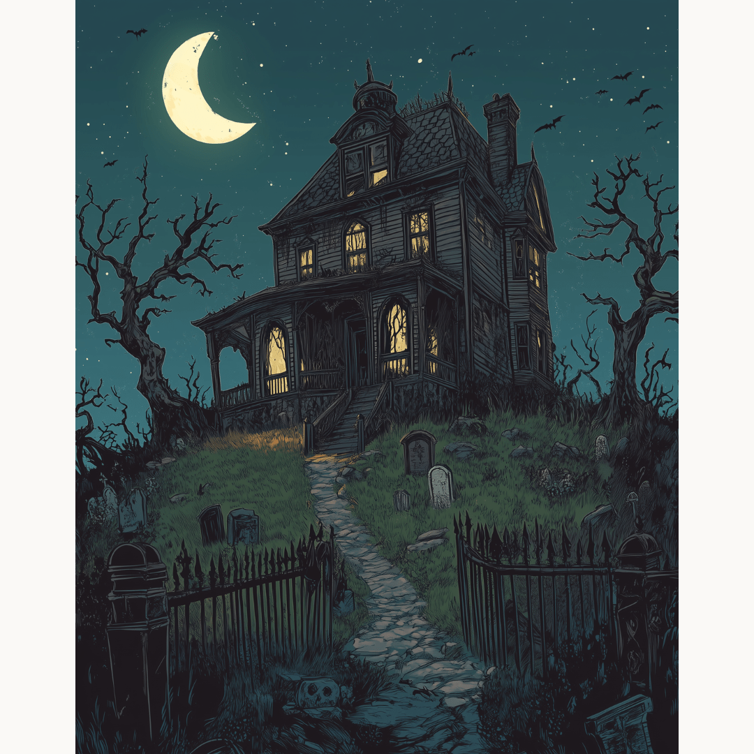 In the image, a hauntingly detailed depiction captures a scene on Halloween night.