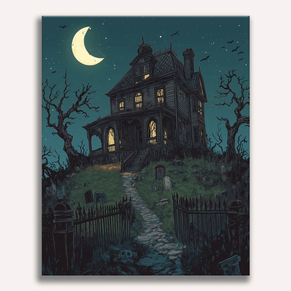 In the image, a hauntingly detailed depiction captures a scene on Halloween night.