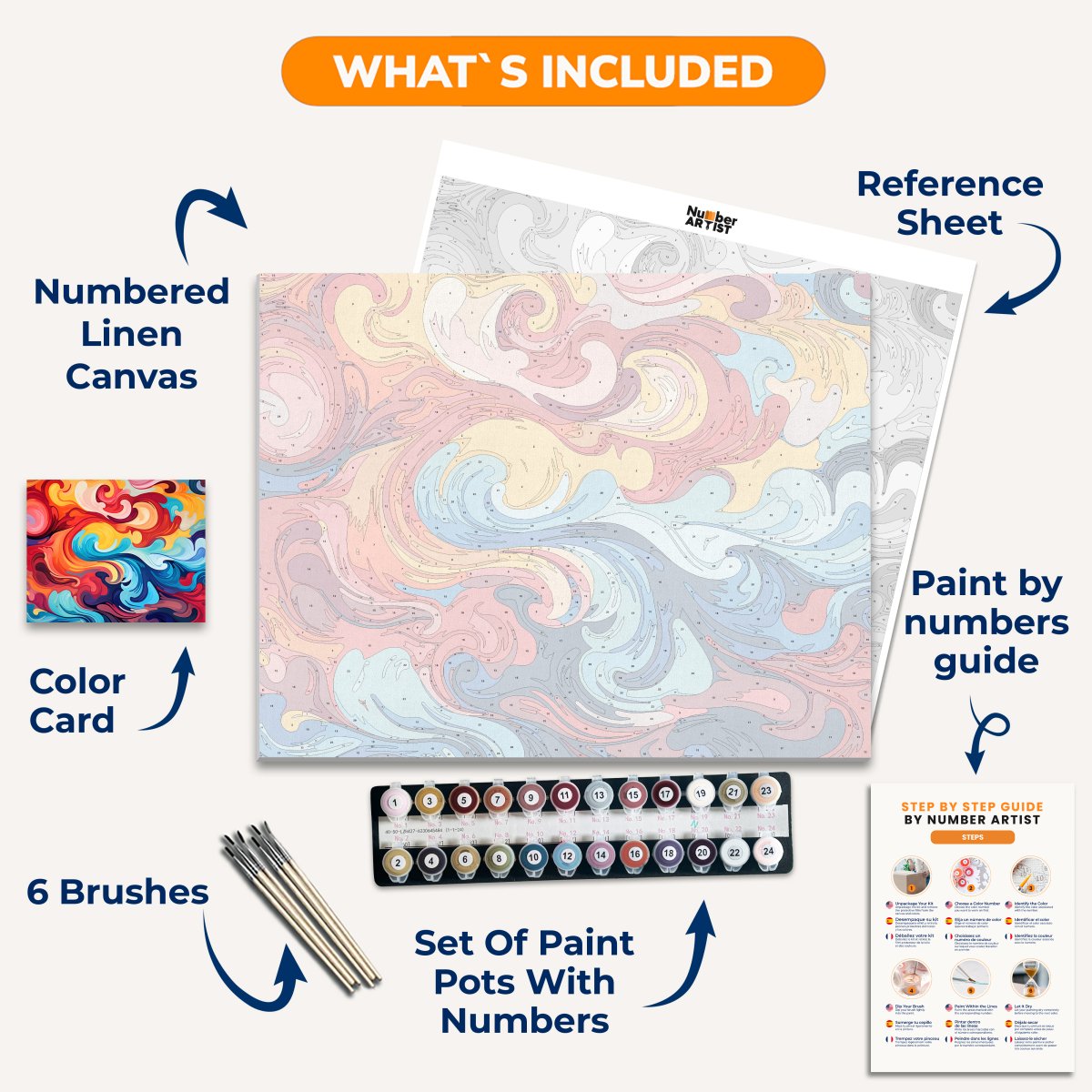 A vibrant and colorful digital art piece featuring an abstract design composed of fluid, curling forms with a kaleidoscope effect, predominantly in shades of blue, orange, and red, on a square canvas with a white border..