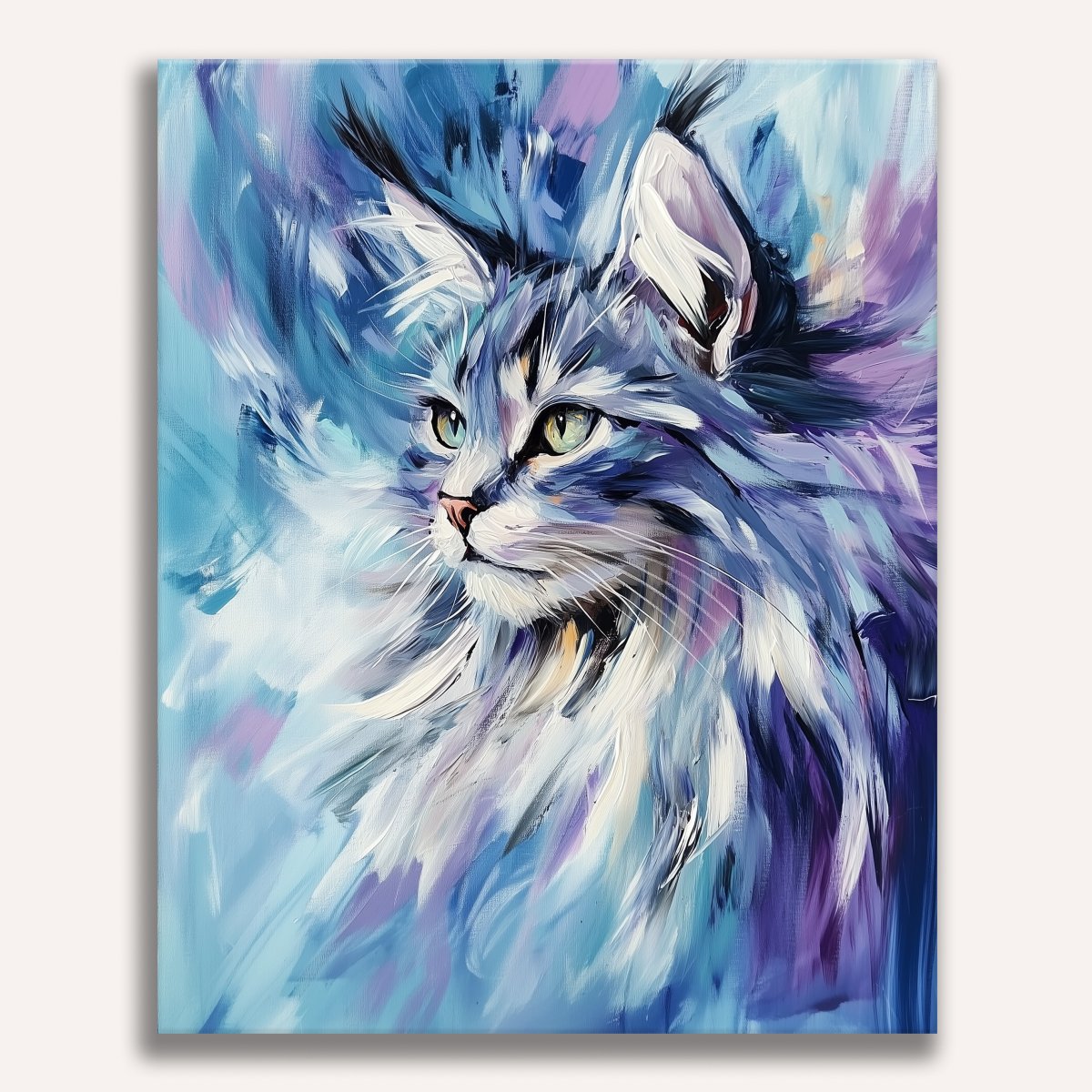 The image presents a captivating portrait of a cat against a vibrant purple and blue background.