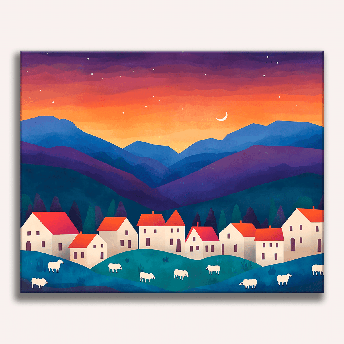 A vibrant digital illustration captures a serene rural scene at sunset.